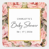 Blush Roos Floral Baby shower Vierkante Sticker (Voorkant)