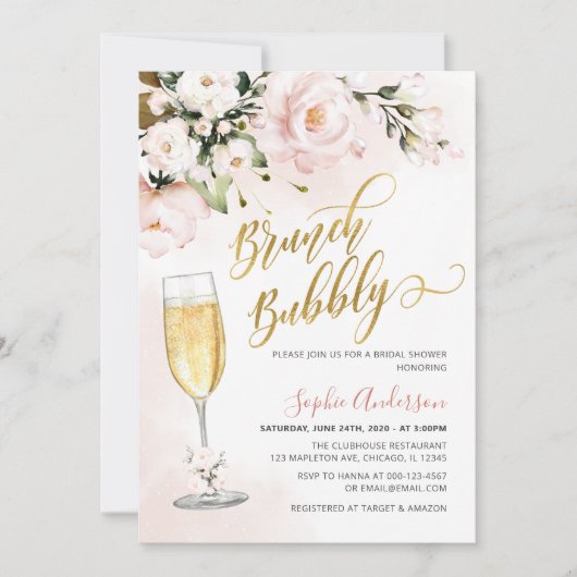 Blush Roos Floral Glitter Gold Brunch en brabbel Kaart (Voorkant)