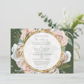 Blush Roos Floral Gold Moss Green Foliage Elegant Kaart