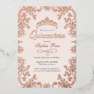 Blush Roos Gold Crown Floral Quinceanera Folie Uitnodiging