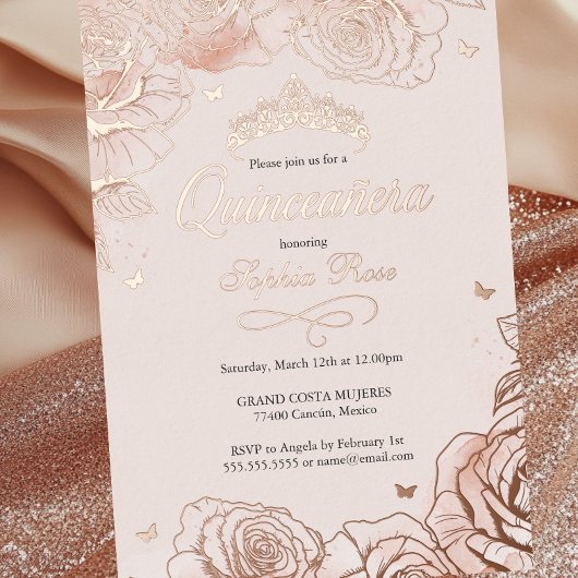 Blush Roos Gold Crown Rozen Theme Quinceanera Folie Uitnodiging