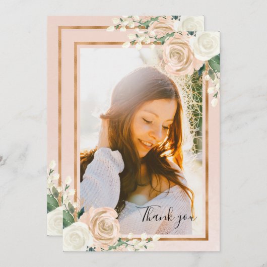 Blush & Roos Gold Floral Afstuderen Dank u Bedankkaart (Voorkant / Achterkant)