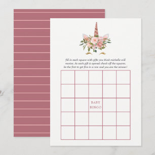 Blush & Roos Gold Floral Unicorn Baby shower Bingo Kaart