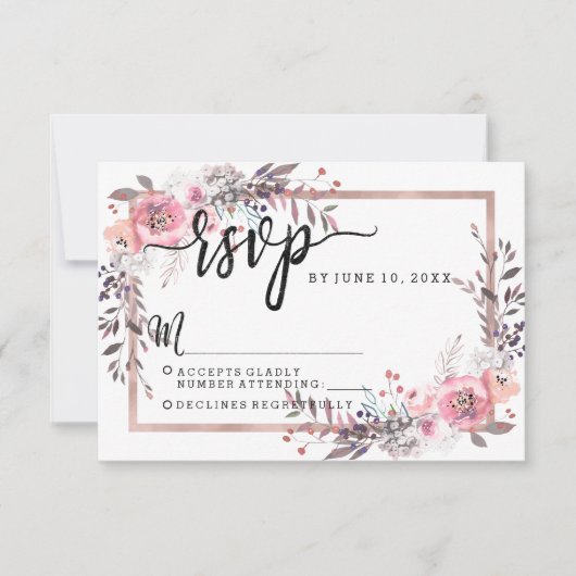 Blush & Roos Gold Framed Wedding RSVP Reactie Kaartje (Voorkant)