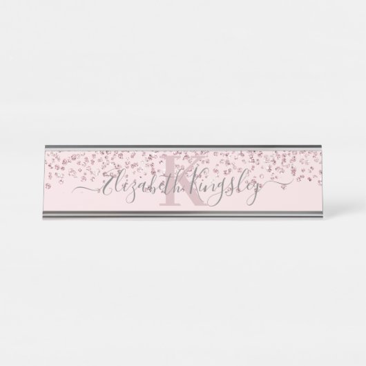 Blush Roos Gold Glitter Diamond Monogram Bureau Naambordje (Voorkant)