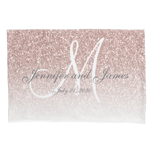 Blush Roos Gold Glitter Monogram Pas getrouwd Wedd Kussensloop (Voorkant)
