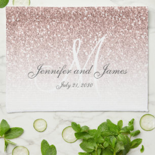 Blush Roos Gold Glitter Monogram Pas getrouwd Wedd Theedoek