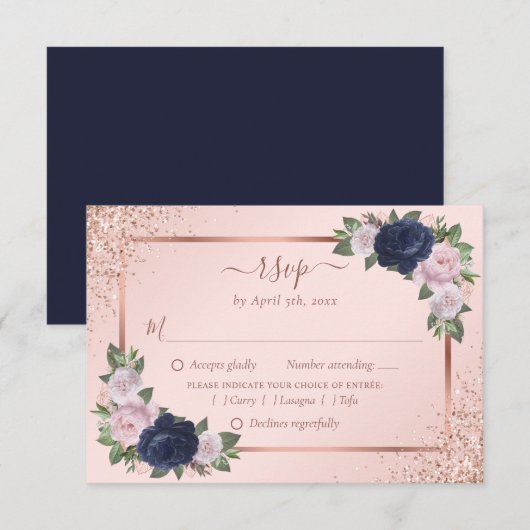 Blush Roos Gold Navy Blue Floral Wedding Meal RSVP Kaartje (Voorkant / Achterkant)