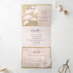 Blush Roos Gold Pampas Grass Drieluik Uitnodiging