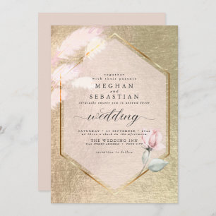 Blush Roos Gold Pampas Grass Floral Invitation Kaart