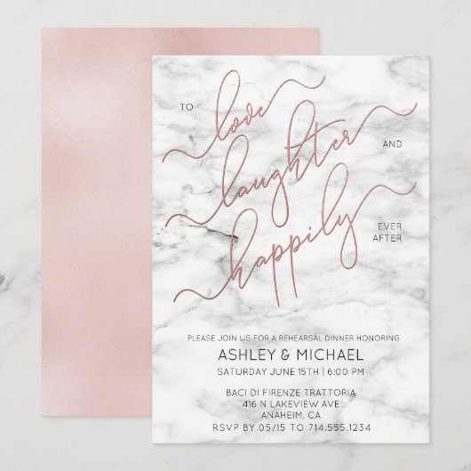 Blush Roos Gold Script Marmeren Repetitie Uitnodig Kaart (Voorkant / Achterkant)