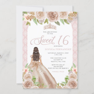 Blush Roos Goud Bloemen Prinses Tiara Sweet 16 Kaart