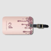 Blush roos goud glitter druppelt monogram naam bagagelabel (Voorkant (horizontaal))