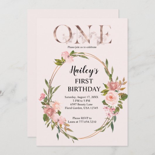 Blush & Roos Gouden Bloemen Eerste Verjaardag Kaart (Voorkant / Achterkant)