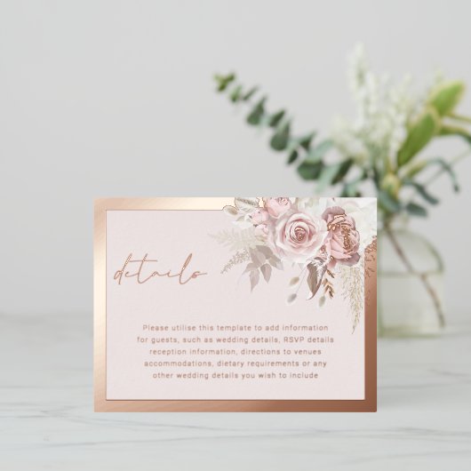 Blush Roos Gouden Bruiloft Details Behuizing Kaart (Staand Voorkant)