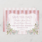 Blush Roos Gouden Strepen Wit Bloemen Bruiloft Save The Date (Voorkant / Achterkant)