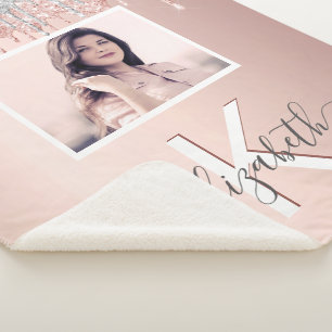 Blush roos gouden zilveren foto monogram sherpa deken