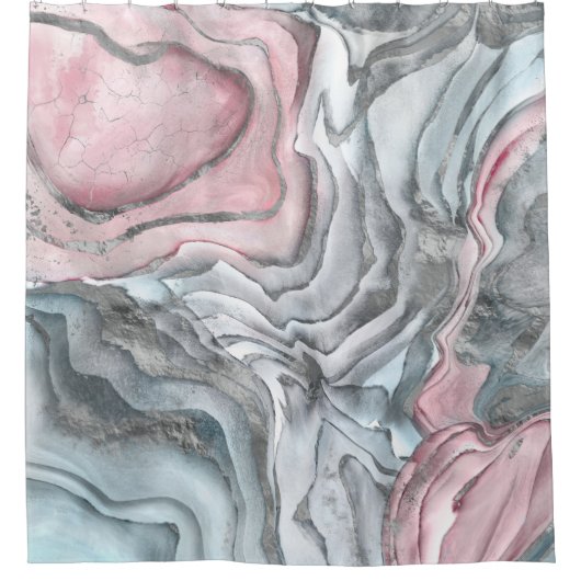 Blush roos marmer - pastelpinks en zilver douchegordijn (Voorkant)