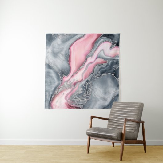 Blush roos marmer - pastelpinks, grijs en zilver wandkleed (In situ)