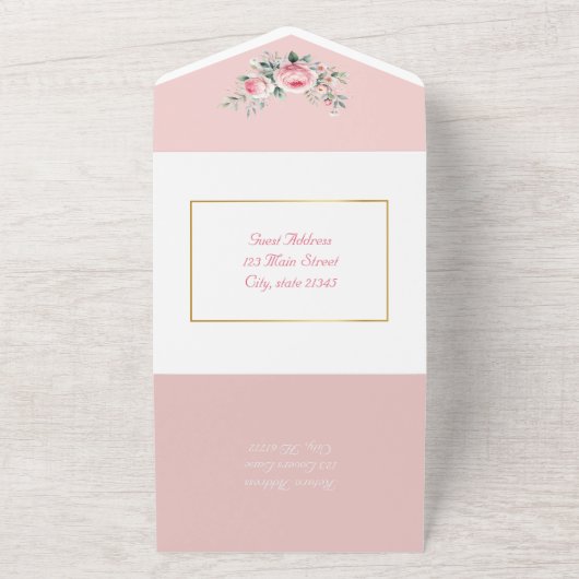 Blush roos, roze all in one uitnodiging (Buitenkant)