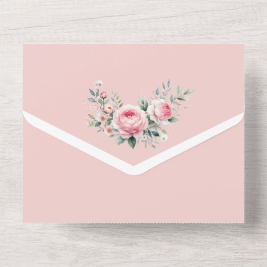 Blush roos, roze all in one uitnodiging (Achterkant)