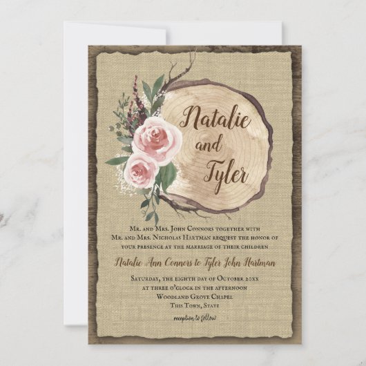 Blush Roos Tree Slice Boho Chic Wedding Kaart (Voorkant)