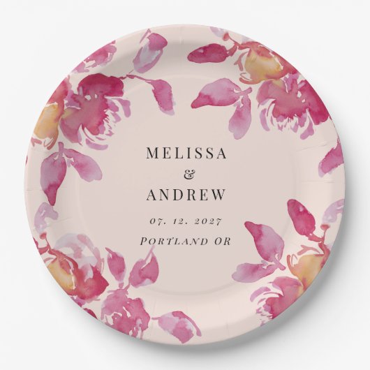 Blush Roos Waterverf Modern Bruiloft Papieren Bordje (Voorkant)