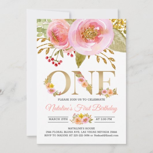 Blush rose 1er invitation Anniversaire or rustique (Devant)