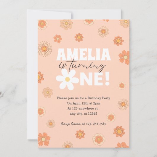 Blush Rose Daisy Invitation premier anniversaire (Devant)