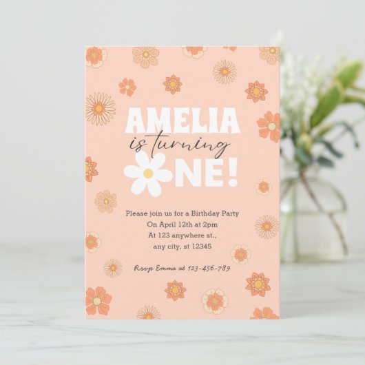 Blush Rose Daisy Invitation premier anniversaire (Debout devant)