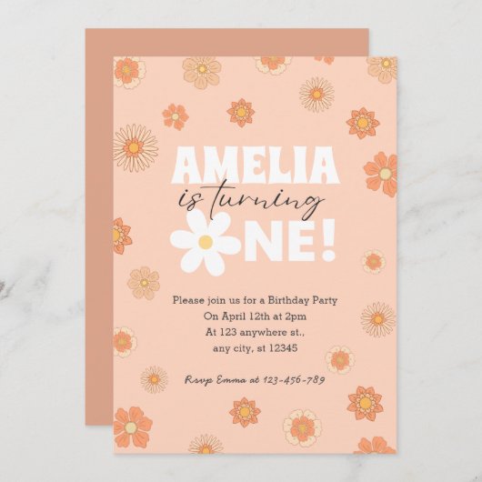 Blush Rose Daisy Invitation premier anniversaire (Devant / Derrière)