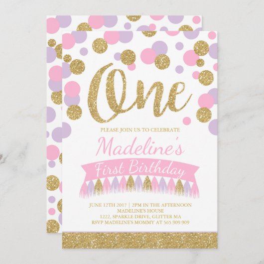 Blush rose et or 1er anniversaire Invitation (Devant / Derrière)