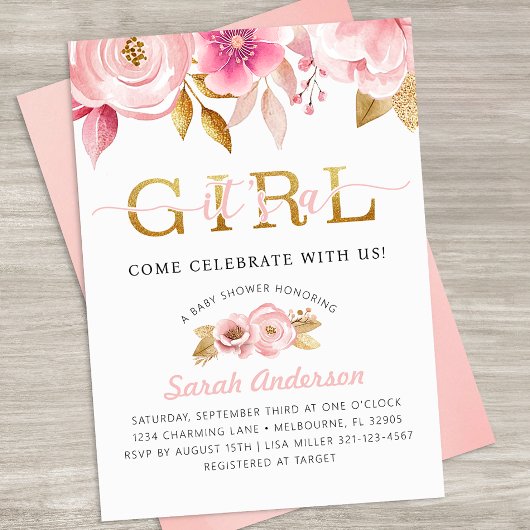 Blush rose floral bébé fille douche Invitation