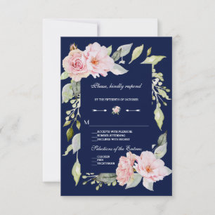 Blush rose Floral Bloom Marine Blue Wedding RSVP