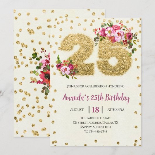 Blush Rose Floral Gold 25e anniversaire Invitation (Devant / Derrière)