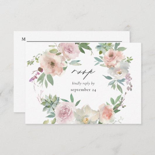 Blush Rose Floral & Succulent w Repas Carte RSVP (Devant / Derrière)