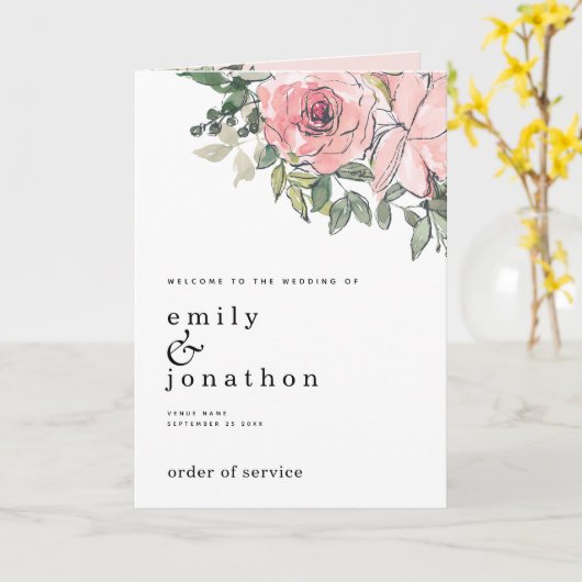 Blush Rose Florals Church Programme de mariage pli (Fleur jaune)