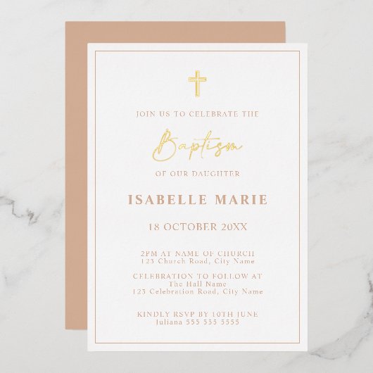 Blush rose & Gold Boy Baptême Foil Invitation (Recto/Verso)