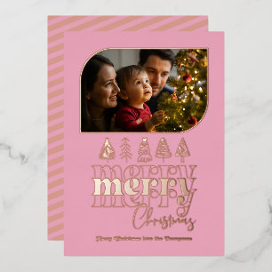 Blush & Rose Goud Retro Doodle Kerst Foto Folie Feestdagenkaart