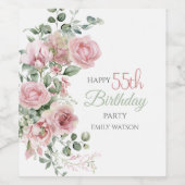 Blush Rose Greenery Eucalypt 55th Birthday Wijn Etiket (Enkel label)