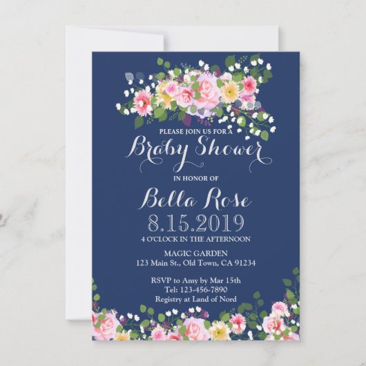 Blush Rose Navy Blue Baby Shower Invitations (Devant)