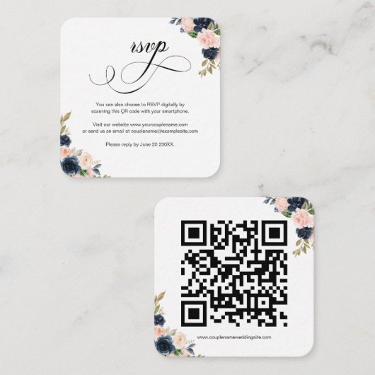 Blush rose & Navy Floral QR Code Mariage Carte RSV (Devant / Derrière)