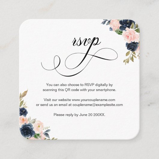 Blush rose & Navy Floral QR Code Mariage Carte RSV (Devant)