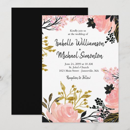 Blush rose, Noir, Gold Floral Invitations de maria (Devant / Derrière)