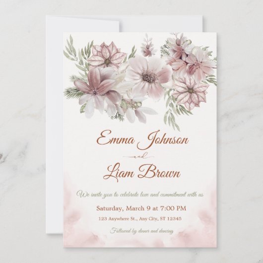 Blush Rose & Peach Floral Wedding Invitation (Devant)