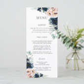Blush Rose Poppies Marine Blue Floral Mariage Menu (Debout devant)