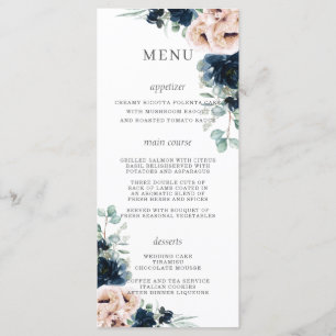 Blush Rose Poppies Marine Blue Floral Mariage Menu