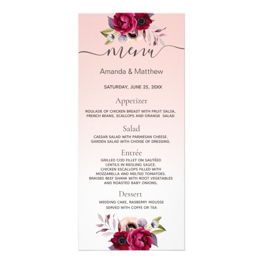 Blush rose rose or bordeaux floraux mariages menu (Devant)