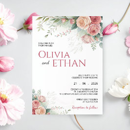 Blush Rose Watercolor Floral Wedding Invitation Kaart