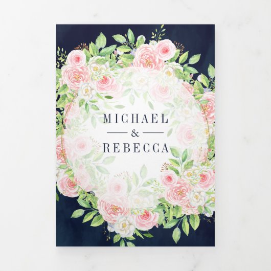 Blush Roses Arch Photo Collage Navy Weddenschap Drieluik Uitnodiging (Cover)
